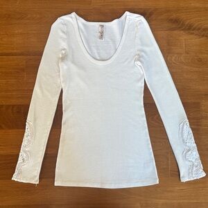 Free People Cream Long Sleeve Tee with Embroidered Sleeves